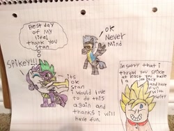 Size: 3264x2448 | Tagged: safe, artist:xxstanthesaiyan, rarity, spike, thunderlane, dragon, pony, unicorn, crossover, female, lined paper, male, shipping, son goku, sparity, straight, traditional art