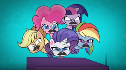 Size: 1191x661 | Tagged: safe, derpibooru import, screencap, applejack, pinkie pie, rainbow dash, rarity, twilight sparkle, earth pony, pegasus, pony, unicorn, dol-fin-ale, my little pony: pony life, spoiler:pony life s01e18, facial hair, moustache