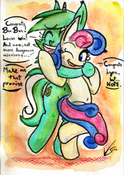 Size: 700x985 | Tagged: safe, artist:lima-hibiki, bon bon, lyra heartstrings, sweetie drops, pony, unicorn, belly button, bipedal, female, ink, lesbian, lyrabon, shipping, traditional art, watercolor painting