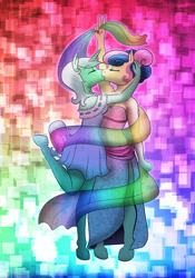 Size: 1750x2500 | Tagged: safe, artist:penny, bon bon, lyra heartstrings, sweetie drops, anthro, unguligrade anthro, clothes, female, kissing, lesbian, lyrabon, shipping