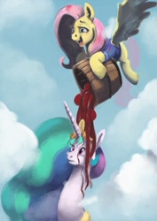 Size: 752x1063 | Tagged: safe, artist:toisanemoif, fluttershy, princess celestia, alicorn, pegasus, pony, barrel, cloud, duo, female, hoof hold, liquid, mare, spill, spread wings, this will end in tears and/or a journey to the moon, wings