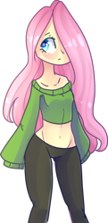 Size: 726x1499 | Tagged: safe, artist:emily-826, fluttershy, human, belly button, breasts, clothes, delicious flat chest, flattershy, hair over one eye, humanized, midriff, pony coloring, short shirt, simple background, solo, sweater, sweatershy, transparent background