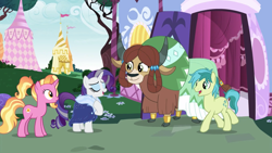 Size: 1920x1080 | Tagged: safe, screencap, luster dawn, rarity, sandbar, yona, earth pony, pony, unicorn, the last problem, cloven hooves, female, implied yonabar, male, mare, monkey swings, older sandbar, older yona, shipping, stallion, straight, yonabar