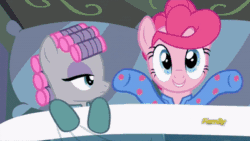 Size: 400x225 | Tagged: safe, screencap, maud pie, pinkie pie, earth pony, pony, rock solid friendship, animated, clapping, clothes, cute, diapinkes, discovery family logo, female, footed sleeper, gif, hair curlers, mare, pajamas, siblings, sisters, sleeping, the clapper