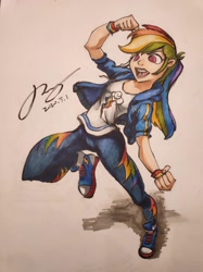 Size: 1280x1707 | Tagged: safe, artist:musical ray, derpibooru import, rainbow dash, human, pegasus, better together, equestria girls, active, active stretch, clothes, fight, fighter, hand drawing, humanized, leggings, marker, marker drawing, rainbow, sports, traditional art