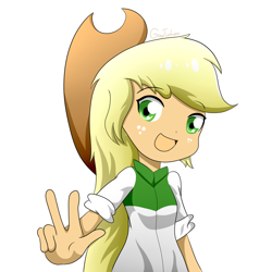 Size: 1600x1600 | Tagged: safe, artist:graytyphoon, applejack, equestria girls, open mouth, peace sign, simple background, solo, white background
