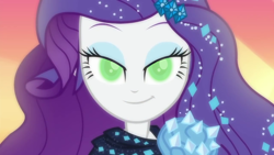 Size: 1280x720 | Tagged: safe, edit, edited screencap, editor:teren rogriss, screencap, rarity, better together, equestria girls, inspiration manifestation, the other side, green eyes, inspirarity, looking at you, possessed, smiling, smirk, this will end in creativity