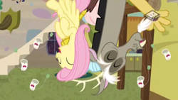 Size: 2560x1440 | Tagged: safe, screencap, discord, fluttershy, pegasus, pony, discordant harmony, boomerang (tv channel), discord's house, food, ginseng teabags, ginsing tea, laughing, tea, upside down