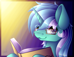 Size: 3000x2300 | Tagged: safe, artist:catherinesunrise, lyra heartstrings, pony, unicorn, :3, adorkable, book, cute, dork, glasses, lyrabetes, reading, solo