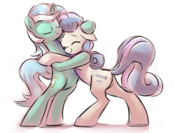 Size: 1169x889 | Tagged: safe, artist:gsphere, bon bon, lyra heartstrings, sweetie drops, earth pony, pony, unicorn, bipedal, female, hug, lesbian, lyrabon, shipping