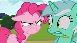 Size: 1920x1080 | Tagged: safe, screencap, lyra heartstrings, pinkie pie, earth pony, pony, rock solid friendship, discovery family logo, do i look angry, faic