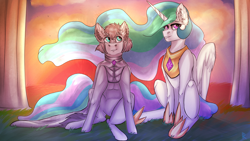 Size: 1400x790 | Tagged: artist needed, safe, princess celestia, oc, oc:light knight, alicorn, pony, lightestia