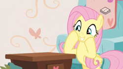 Size: 2560x1440 | Tagged: safe, screencap, fluttershy, pegasus, pony, discordant harmony, bipedal, boomerang (tv channel), cute, excited, female, hooves on cheeks, mare, shyabetes, smiling, solo