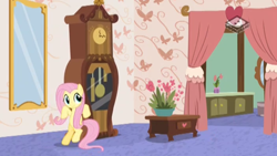 Size: 2560x1440 | Tagged: safe, screencap, fluttershy, pegasus, pony, discordant harmony, bipedal, bipedal leaning, boomerang (tv channel), clock, cute, discord's house, female, leaning, mare, mirror, shyabetes, smiling, solo, weapons-grade cute