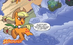 Size: 1400x868 | Tagged: safe, artist:tonyfleecs, idw, applejack, earth pony, pony, ponies of dark water, spoiler:comic, spoiler:comic43, cropped, donaldjack, evil, female, fog, mare, necktie, official comic, raised hoof, speech bubble