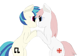 Size: 2876x2086 | Tagged: safe, artist:sea-gnash, dj pon-3, nurse redheart, vinyl scratch, pony, unicorn, crack shipping, eye contact, female, lesbian, shipping, vinylheart