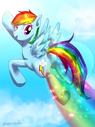 Size: 768x1024 | Tagged: safe, artist:tsuyu_nyanko, derpibooru import, rainbow dash, pegasus, pony, flying, solo