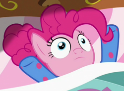 Size: 1054x774 | Tagged: safe, screencap, pinkie pie, pony, rock solid friendship, bed, clothes, faic, footed sleeper, pajamas, ponk, realization, shocked, sleep is for the weak, solo, thousand yard stare, wide eyes