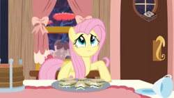 Size: 2560x1440 | Tagged: safe, screencap, fluttershy, pegasus, pony, discordant harmony, boomerang (tv channel), discord's house, food, sandwich, solo, the discord zone