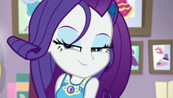 Size: 1920x1080 | Tagged: safe, screencap, rarity, better together, do it for the ponygram!, equestria girls, eyes closed, lidded eyes, makeup, messed up hair