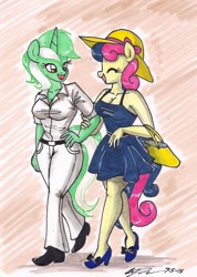 Size: 1112x1563 | Tagged: safe, artist:newyorkx3, bon bon, lyra heartstrings, sweetie drops, anthro, plantigrade anthro, breasts, cleavage, clothes, dress, female, handbag, hat, lyrabon, pants, shipping, shirt, sun hat, traditional art