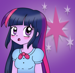 Size: 900x874 | Tagged: safe, artist:fluutters, derpibooru import, twilight sparkle, equestria girls, blushing, open mouth, solo