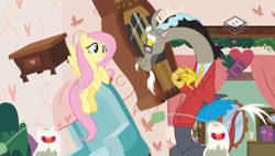 Size: 704x400 | Tagged: safe, screencap, discord, fluttershy, draconequus, pegasus, pony, discordant harmony, blanket, boomerang (tv channel), bush, candle, chair, clothes, curtains, cute, discord's house, discute, dresser, female, flower, flying, ginseng teabags, glasses, grandfather clock, grin, heart, levitation, magic, mare, mirror, necktie, pants, shyabetes, singing, smiling, suit, teabag, telekinesis