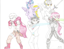 Size: 2202x1700 | Tagged: safe, artist:mc-ryan, derpibooru import, twilight sparkle, twilight sparkle (alicorn), alicorn, human, pony, akihiko sanada, arianrhod, crossover, female, group, lightsaber, mare, mitsuru kirijo, persona 3, persona 4, steve sandgo, sword