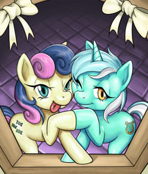 Size: 1693x1984 | Tagged: safe, artist:nauth, bon bon, lyra heartstrings, sweetie drops, earth pony, pony, unicorn, adorabon, best friends, cute, female, lesbian, lyrabetes, lyrabon, mare, one eye closed, shipping, tongue out