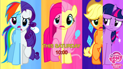 Size: 1280x720 | Tagged: safe, derpibooru import, edit, edited screencap, editor:jaredking203, screencap, applejack, fluttershy, pinkie pie, rainbow dash, rarity, twilight sparkle, unicorn twilight, earth pony, pegasus, pony, unicorn, magical mystery cure, female, mare, my little pony logo, what my cutie mark is telling me