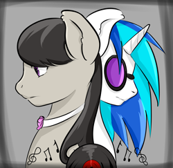 Size: 4072x3957 | Tagged: safe, artist:mezy-peach, dj pon-3, octavia melody, vinyl scratch, earth pony, pony, unicorn, black mane, female, gray coat, horn, mare, two toned mane, white coat