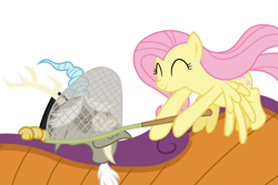 Size: 6000x4000 | Tagged: safe, artist:spottedlions, discord, fluttershy, pegasus, pony, discordant harmony, absurd resolution, butterfly net, duo, eyes closed, female, male, mare, net, smiling