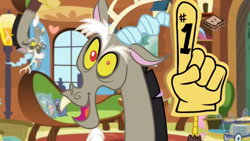 Size: 1024x576 | Tagged: safe, screencap, discord, fluttershy, pegasus, pony, discordant harmony, #1, boomerang (tv channel), foam finger