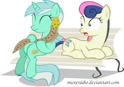 Size: 1242x875 | Tagged: safe, artist:misteraibo, bon bon, lyra heartstrings, sweetie drops, earth pony, eel, fish, pony, unicorn, bench, eyes closed, female, lesbian, lyrabon, mare, nuzzling, shipping, simple background, sitting lyra, transparent background, trio, vector