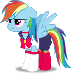 Size: 3211x3299 | Tagged: safe, artist:anime-equestria, derpibooru import, rainbow dash, pegasus, pony, blushing, boots, bow, clothes, cute, female, gloves, grumpy, jewelry, mare, necklace, rainbow dash is not amused, sailor moon, sailor uniform, shoes, simple background, skirt, solo, transparent background, unamused, uniform, vector, wings