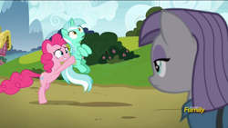 Size: 1920x1080 | Tagged: safe, screencap, lyra heartstrings, maud pie, pinkie pie, earth pony, pony, rock solid friendship, discovery family logo, holding a pony