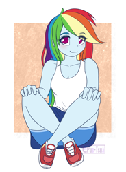 Size: 994x1351 | Tagged: safe, artist:puetsua, derpibooru import, rainbow dash, equestria girls, clothes, crossed legs, cute, dashabetes, eye clipping through hair, female, no pupils, shoes, shorts, sitting, sneakers, solo, tanktop