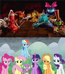 Size: 1920x2168 | Tagged: safe, derpibooru import, edit, edited screencap, screencap, applejack, fluttershy, pinkie pie, rainbow dash, rarity, spike, twilight sparkle, twilight sparkle (alicorn), alicorn, dragon, earth pony, pegasus, pony, unicorn, the ending of the end, chef pepper jack, chompy mage, crossover, doom raiders, dr krankcase, dreamcatcher, golden queen, mane seven, mane six, skylanders trap team, the gulper, winged spike, wolfgang