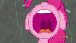 Size: 851x479 | Tagged: safe, screencap, pinkie pie, pony, rock solid friendship, crying, discovery family logo, nose in the air, open mouth, solo, uvula, volumetric mouth