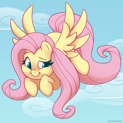 Size: 600x600 | Tagged: safe, artist:kamirah, fluttershy, pegasus, pony, cloud, cute, female, mare, shyabetes, sky, smiling, solo