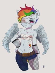 Size: 768x1024 | Tagged: safe, artist:raimugi____, derpibooru import, rainbow dash, pegasus, pony, semi-anthro, bandage, blood, digital art, eyepatch, short hair, solo, tail, wings