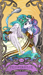 Size: 822x1425 | Tagged: safe, artist:sourcherry, princess celestia, alicorn, pony, clothes, cup, female, gold, horn, horn ring, major arcana, mare, modern art, nouveau, solo, tarot, tarot card, temperance, water, wings