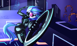 Size: 1500x900 | Tagged: safe, artist:siden, dj pon-3, vinyl scratch, anthro, parody, solo, tron