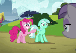 Size: 568x398 | Tagged: safe, screencap, bon bon, lyra heartstrings, maud pie, pinkie pie, sweetie drops, earth pony, pony, unicorn, rock solid friendship, animated, bon bon is not amused, butt touch, carrying, eye twitch, faic, female, floppy ears, frown, gif, glare, grin, holding a pony, hoof on butt, loop, mare, open mouth, pointing, protecting, pushing, raised hoof, rump push, shipping fuel, smiling, squee, unamused, wide eyes