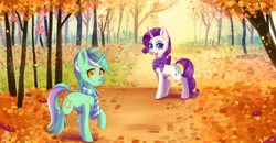 Size: 2304x1200 | Tagged: safe, artist:blazemizu, lyra heartstrings, rarity, pony, unicorn, autumn, clothes, colored pupils, duo, female, leaves, mare, scarf, tree