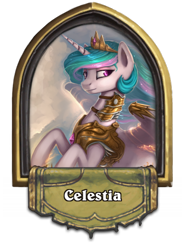 Size: 400x550 | Tagged: source needed, safe, artist:rain-gear, princess celestia, alicorn, pony, armor, cloud, crown, female, flying, hearthstone, hearthstone hero, jewelry, lidded eyes, mare, raised hoof, regalia, royalty, smiling, solo, sparkles, spread wings, tiara, warcraft, wings