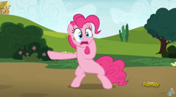 Size: 844x467 | Tagged: safe, screencap, pinkie pie, pony, rock solid friendship, bipedal, discovery family logo, pointing, solo