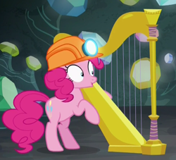 Size: 437x397 | Tagged: safe, screencap, pinkie pie, earth pony, pony, rock solid friendship, cropped, diegetic music, female, gem, gem cave, hard hat, harp, hat, helmet, mare, mine, mining helmet, musical instrument, solo