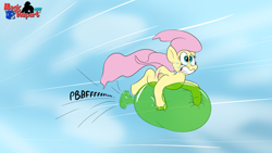 Size: 2560x1440 | Tagged: safe, artist:rupertbluefox, fluttershy, pegasus, pony, balloon, balloon sitting, cloud, crying, deflation, flying, pfft, riding, sky, solo