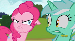 Size: 844x467 | Tagged: safe, screencap, lyra heartstrings, pinkie pie, earth pony, pony, rock solid friendship, angry, discovery family logo, do i look angry, faic, floppy ears, nervous